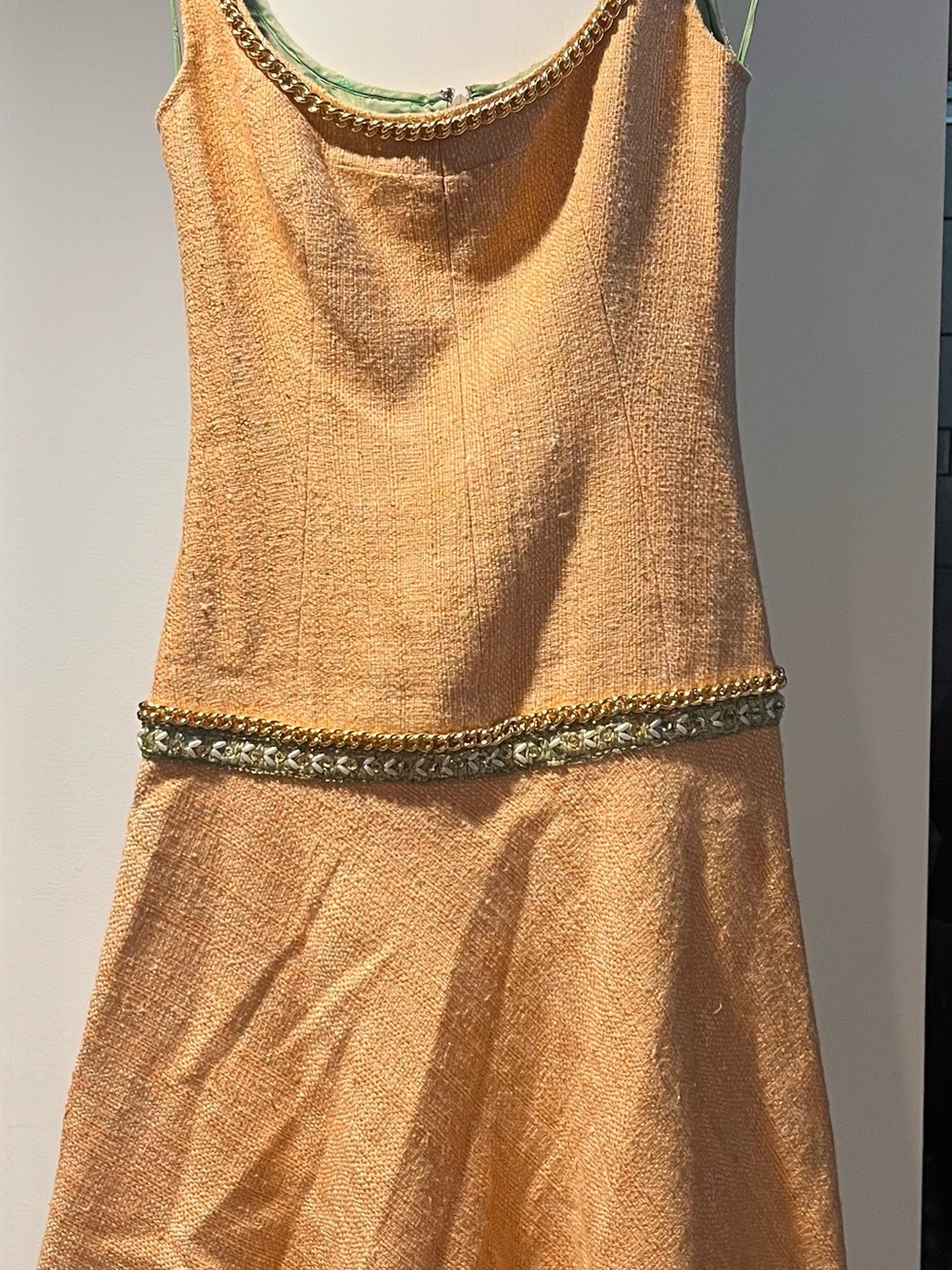 Dolce & Gabbana Peach Tweed Dress with Gold Chain Trim